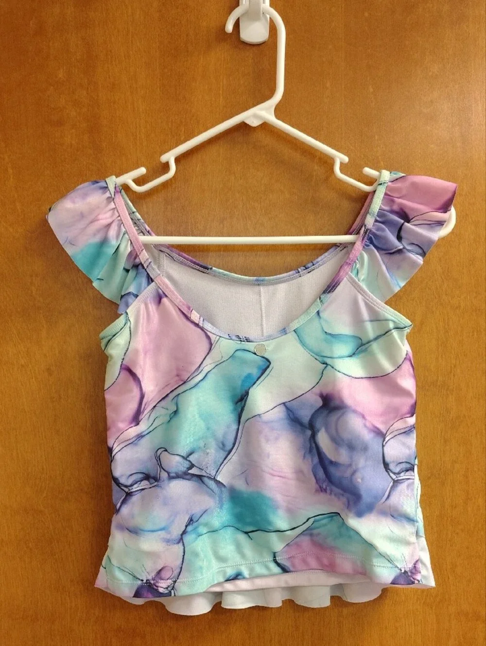 Justice Lilac Pink and Teal Swim Top with Watercolor Trim